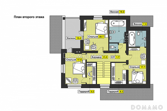Проект оригинального загородного дома в желто-коричневой гамме / План 2 этажа