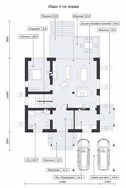 Шале с двумя спальнями, просторной дневной зоной со вторым светом и навесом для двух машин / План 1 этажа