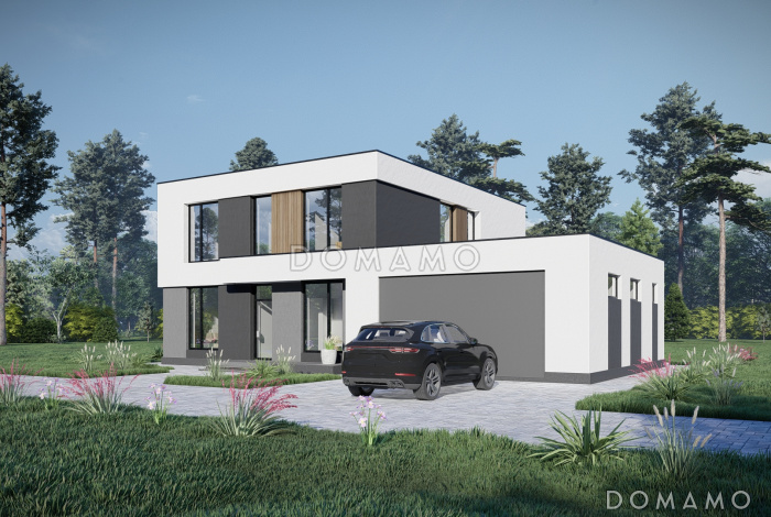 Проект современного дома с 5 спальнями, гаражом на 2 машины и террасой на втором уровне