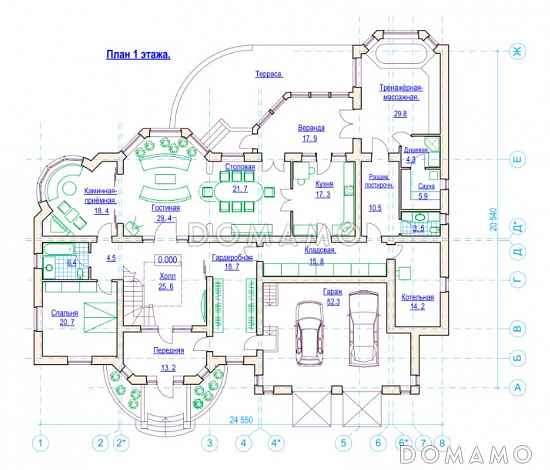 Проект солидного коттеджа с гаражом, сауной и тренажёрным залом / План 1 этажа
