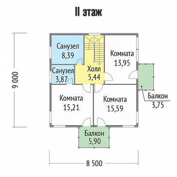 Проект современного дома из клееного бруса с двумя небольшими балконами на втором этаже / План 2 этажа