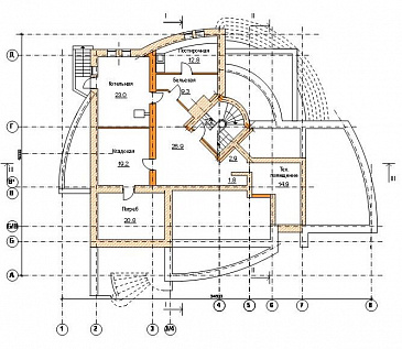 Проект коттеджа с оригинальной планировкой и гаражом на 2 а/м / План цокольного этажа