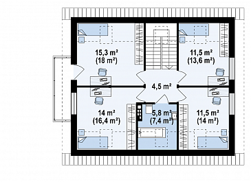 Проект одноэтажного дома из кирпича с оригинальной открытой террасой по периметру и с жилой мансардой / План мансардного этажа