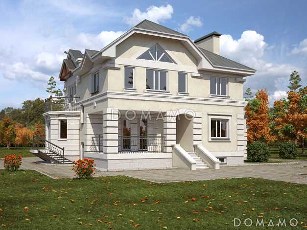 Проект дома с просторной гостиной, небольшой крытой террасой и гаражом