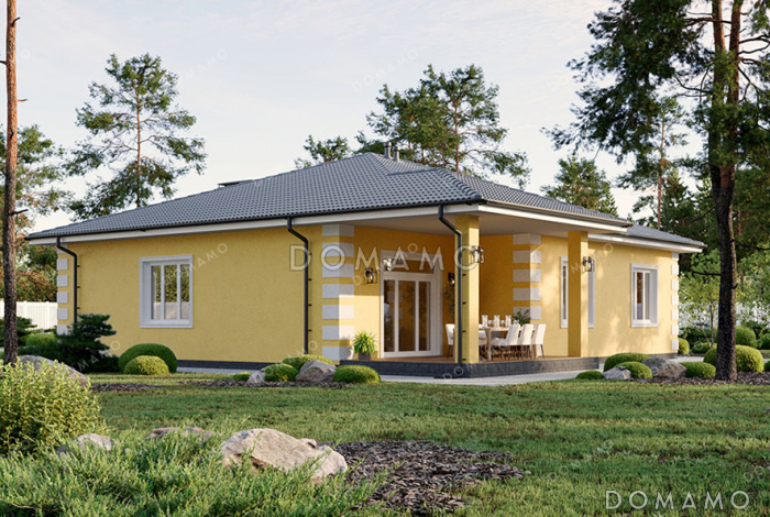 Проект одноэтажного дома в классическом стиле с 4 спальнями и террасой