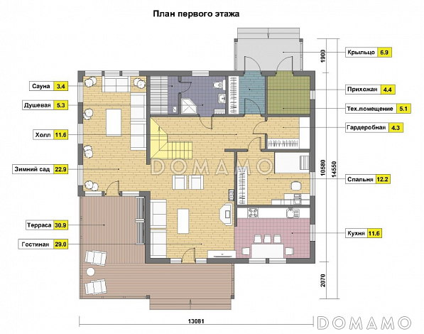 Проект кирпичного дома с сауной на первом этаже / План 1 этажа
