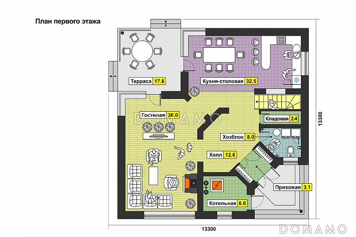 Проект квадратного загородного дома с большой гостиной, кухней-столовой, двумя террасам, вторым светом / План 1 этажа