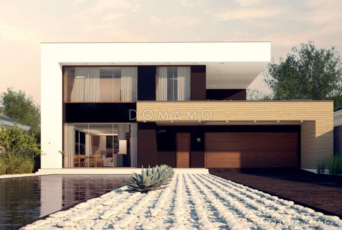 Проект современного двухэтажного дома из кирпича с тремя спальнями, спортзалом, сауной и гаражом для двух автомобилей