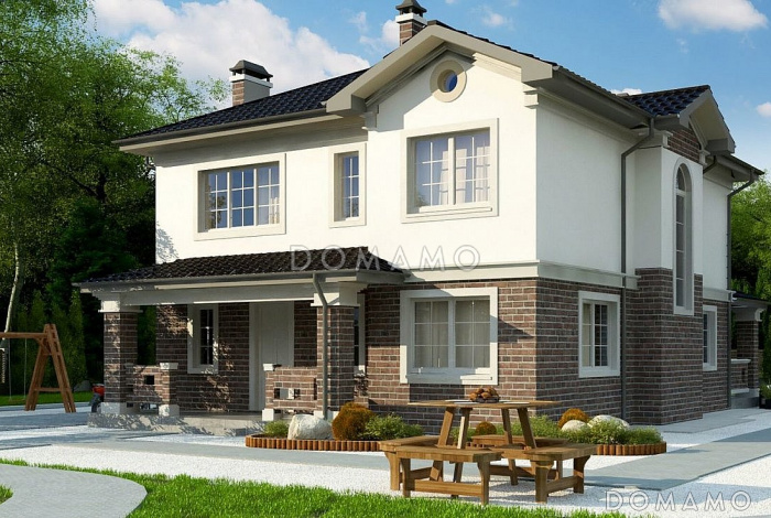 Проект загородного дома в классическом стиле с просторной гостиной, террасой, кладовой на кухне