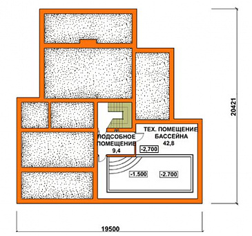 Проект дома с двускатной крышей, бассейном, зимним садом и небольшим подвалом / План цокольного этажа