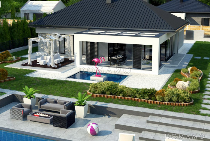 Проект комфортного одноэтажного дома из кирпича с панорамным остеклением обеденной зоны и гаражом