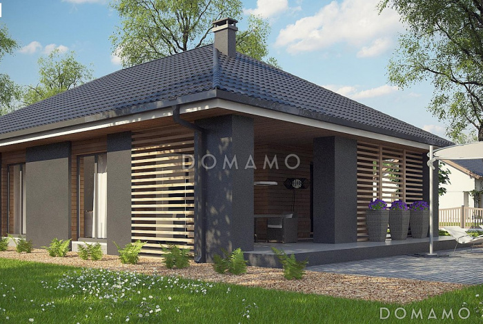 Проект одноэтажного дома из газобетона с тремя спальнями, гаражом на два автомобиля и уютной крытой террасой