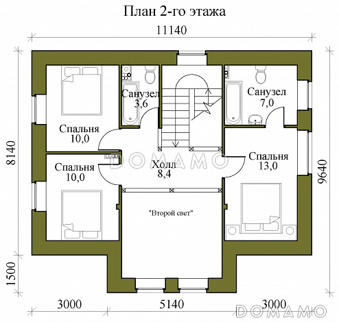 Проект двухэтажного каркасного дома со вторым светом, просторной крытой террасой и сауной / План 2 этажа