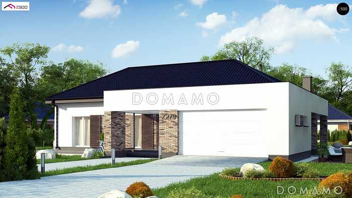 Проект одноэтажного дома из кирпича с тремя спальнями, гаражом на два автомобиля и барбекю на террасе