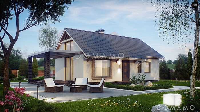 Проект компактного одноэтажного дома из кирпича с тремя спальнями, с высоким остеклением в гостиной