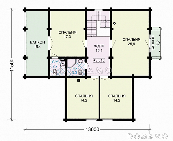 Проект дома из дерева с просторной верандой, четырьмя просторными спальными комнатами / План мансардного этажа