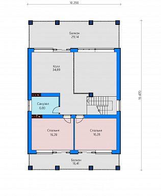 Проект дома с террасами и балконами, спальней на первом этаже, большой кухней столовой, просторным холлом / План 2 этажа