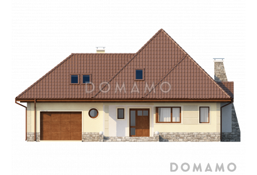 Проект просторного мансардного дома из кирпича с четырьмя спальнями, гаражом и барбекю не террасе / Фасад 1