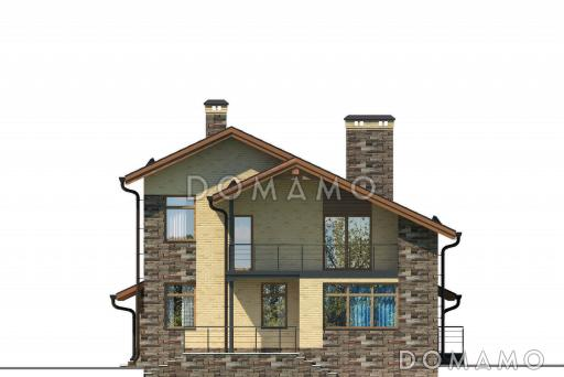 Проект загородного дома с открытой террасой, сауной и душевой, гостиной с камином / Фасад 2