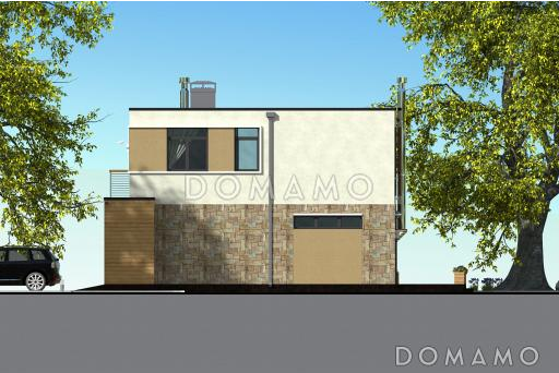 Проект современного дома с гаражом на одну машину, открытой террасой, просторной гостиной, широким балконом над гаражом / Фасад 2