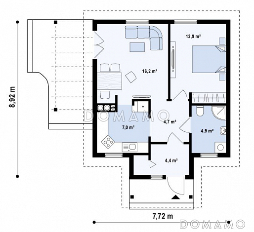 Проект маленького одноэтажного дома из газобетона с террасой / План 1 этажа