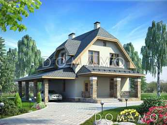 Проект дома из пеноблоков с мансардой и навесом для автомобиля