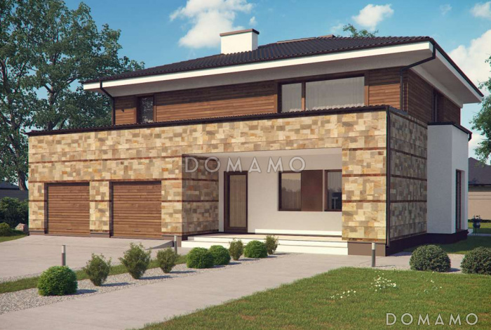 Проект современного двухэтажного дома из газобетона с четырьмя спальнями, сауной и большим гаражом