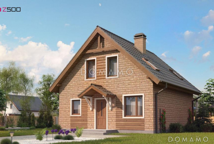 Проект загородного с отделкой фасадов кирпичом, кладовой, с террасой, балконом