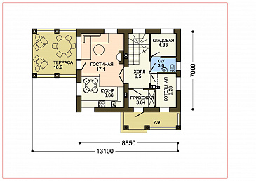 Проект функционального двухэтажного дома с террасой при гостиной / План 1 этажа