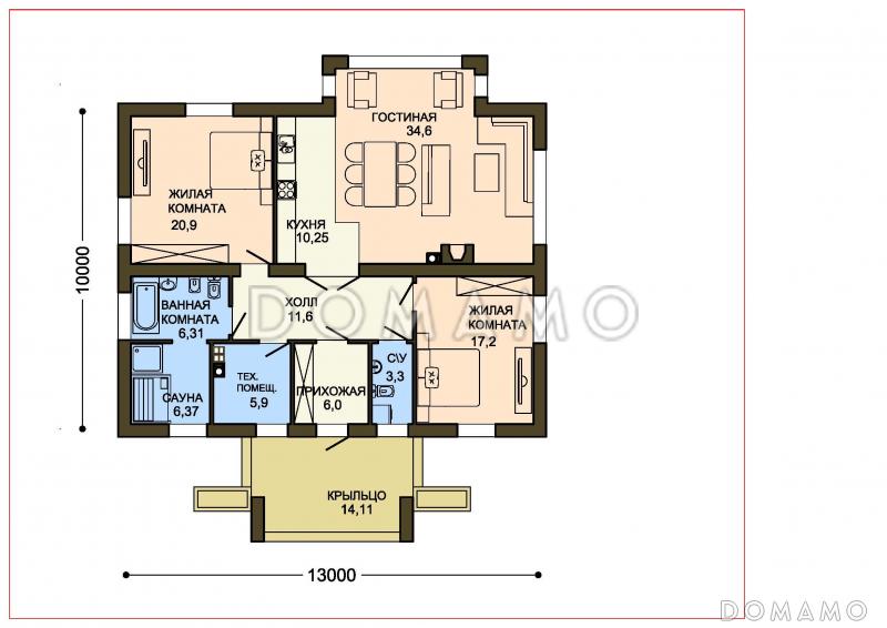 Проект одноэтажного дома с двуцветной облицовкой и большим эркером гостиной / План 1 этажа