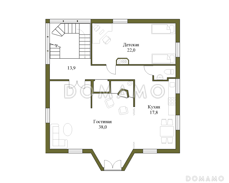 Проект квадратного коттеджа с башенкой / План 2 этажа