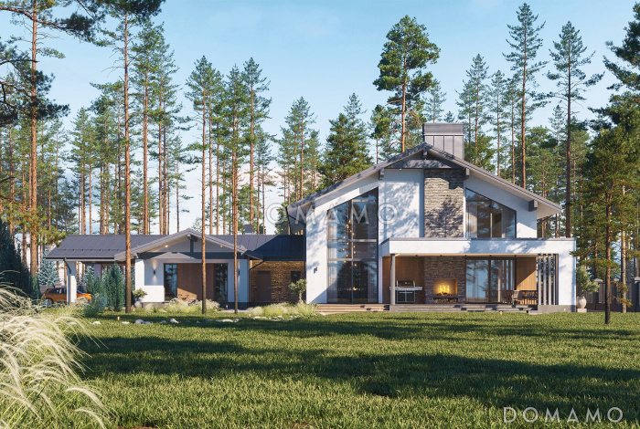 Проект Г-образного дома из газобетона с 3 спальнями, изолированной кухней и зоной барбекю на террасе