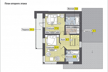 Частный загородный дом с террасой на первом и мансардном этаже, двумя спальнями на мансардном этаже с хозяйской ванной / План мансардного этажа