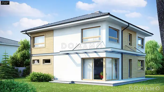 Проект двухэтажного кирпичного дома с 4 спальнями, подвалом и гаражом на 2 автомобиля