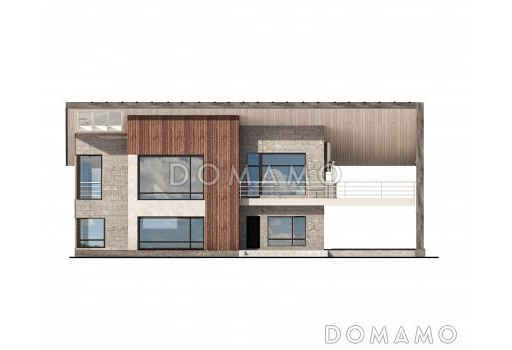 Проект современного дома с навесом на два автомобиля, большой террасой с барбекю, вторым светом, сауной / Фасад 3