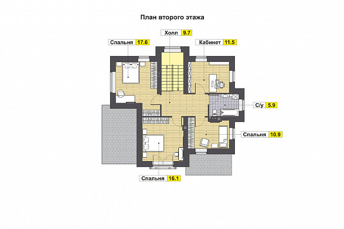 Проект дома с крытой террасой, кладовой под лестницей. эркерами, гостевой на первом этаже, спальнями и кабинетом на втором этаже / План 2 этажа