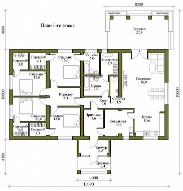 Проект одноэтажного кирпичного дома с цветочной террасой и просторной кухней-гостиной / План 1 этажа