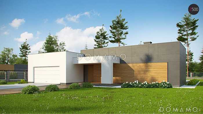 Проект современного одноэтажного дома из кирпича с плоской крышей, с большой угловой террасой и двухместным гаражом