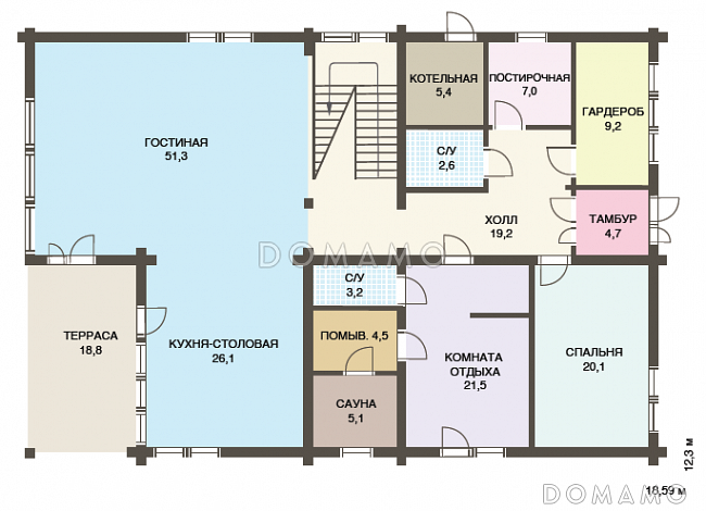 Проект двухэтажного дома из клееного бруса с сауной и гостевой комнатой на первом этаже / План 1 этажа
