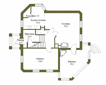 Проект трёхэтажного коттеджа с подвалом и зимним садом / План 1 этажа