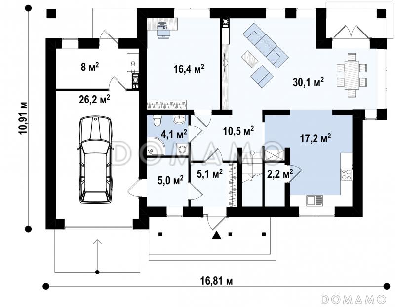 Проект двухэтажного дома из газобетона с тремя спальнями, кабинетом, гаражом и балконом / План 1 этажа