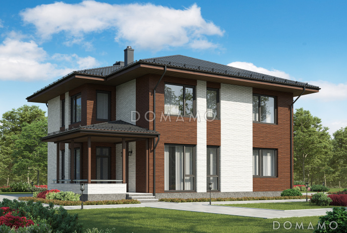 Проект двухэтажного дома из газобетона с крытой террасой, просторной гостиной с камином