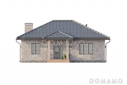 Проект одноэтажного дома с общей вальмовой кровлей над входной группой и террасой и отделкой фасада кирпичом / Фасад 4