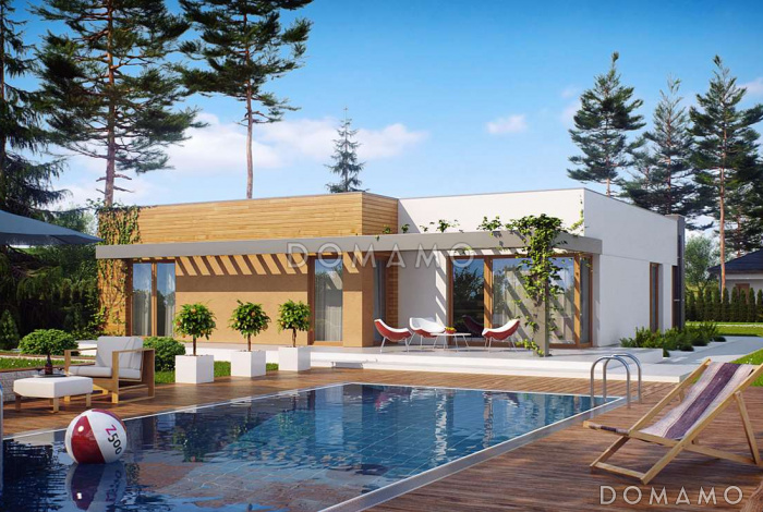 Проект просторного современного одноэтажного дома из газобетона с гаражом и тремя спальнями