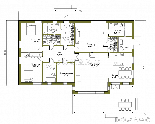 Проект одноэтажного дома в стиле хай-тек с тремя спальнями и просторной гостиной / План 1 этажа