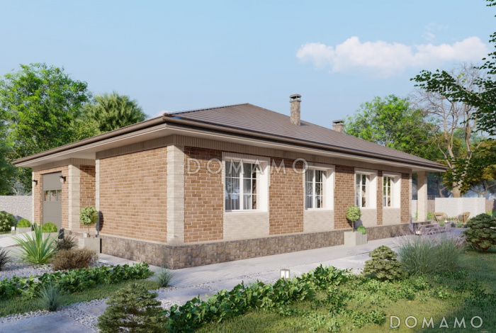 Проект дома с мастер-спальней, крытой террасой и встроенным гаражом