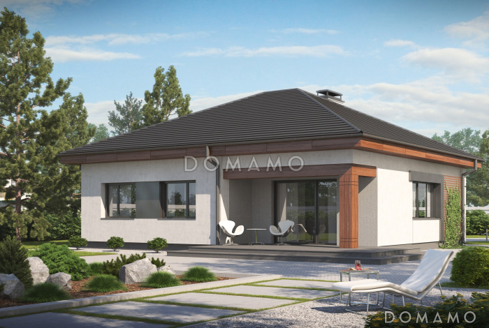 Проект одноэтажного дома из кирпича с тремя спальнями и небольшой крытой угловой террасой, увеличенная версия 273