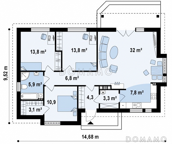 Проект одноэтажного дома из газобетона с современными фасадами и эркерами / План 1 этажа