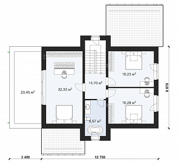Проект двухэтажного дома с четырьмя спальнями и гаражом на одну машину S-204 / План 2 этажа