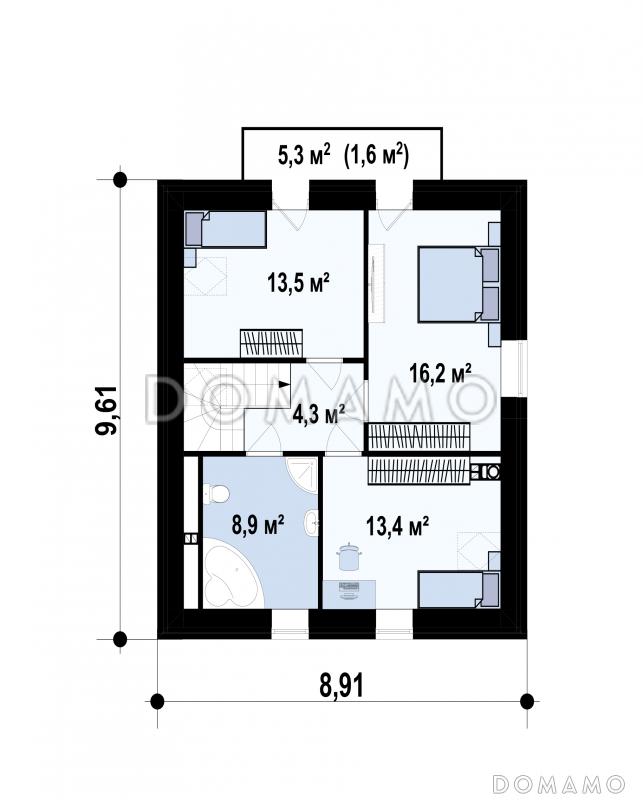 Проект дома с отделкой кирпичом, камином в гостиной, изолированной кухней, открытой террасой / План мансардного этажа